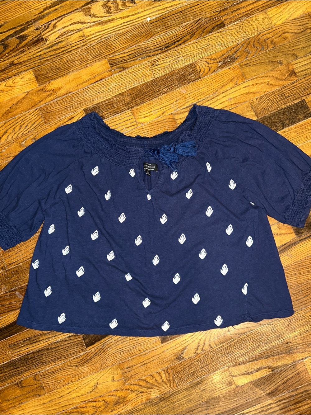 Lucky Brand Navy Blue Short Sleeve Embroidered Tunic Top